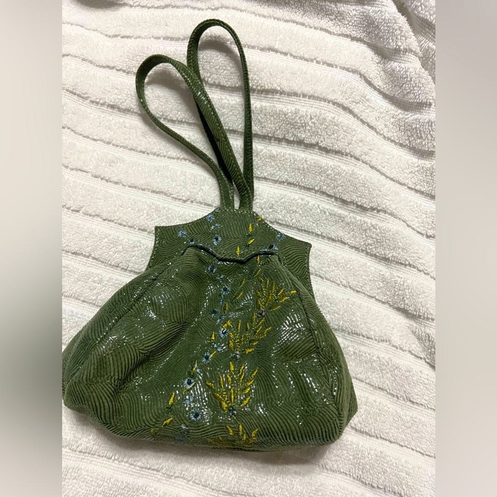 Michelle LaLonde Wrist Bag, Leather with Lt Blue & Lt Green Embroidery and beads